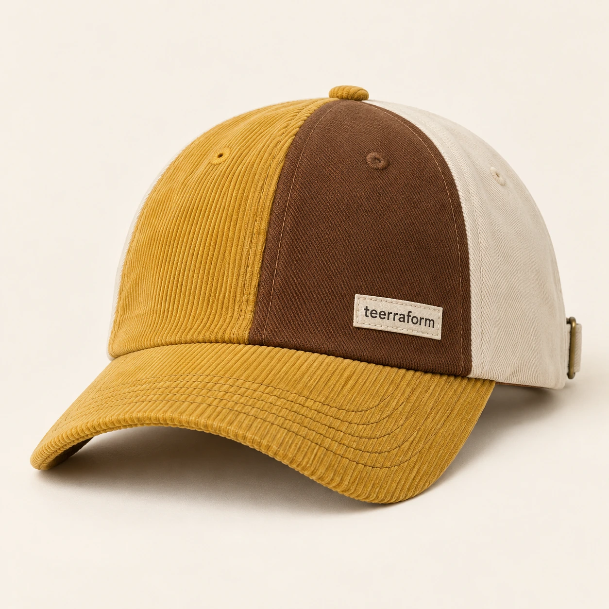 Harvest Gold patchwork cap in mustard yellow, tobacco, ivory