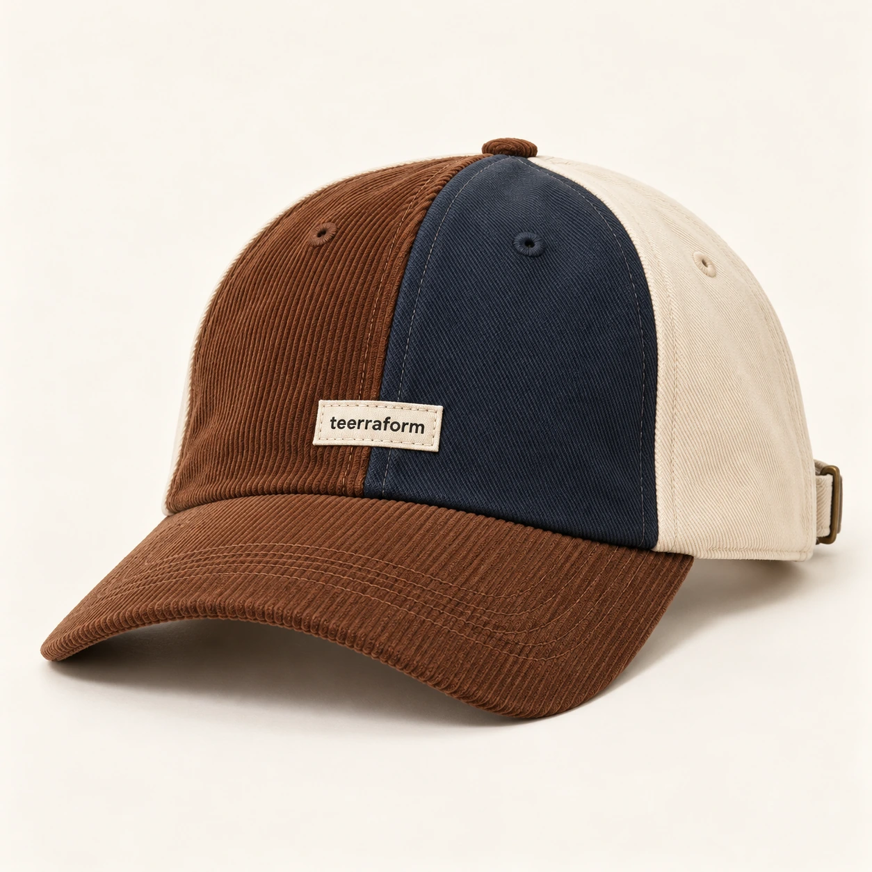 Maple Dusk patchwork cap in chestnut, dark blue, ivory