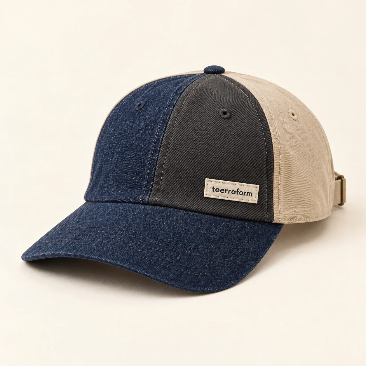 Midnight Yard patchwork cap in deep indigo, charcoal, sand